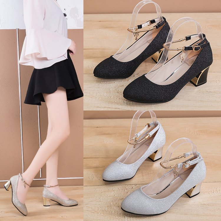Summer fashion round toe thick heel women's shoes Korean version of the word buckle high heels women manufacturers wholesale