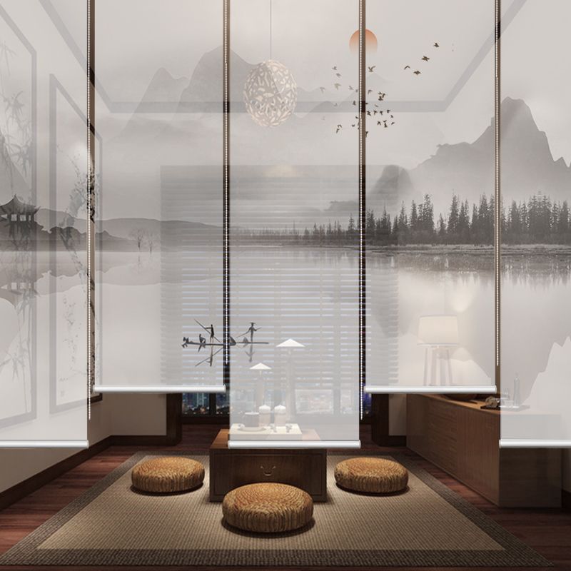 新中式窗帘卷帘山水装饰中国风升降客厅玄关遮光手拉电动隔断屏风