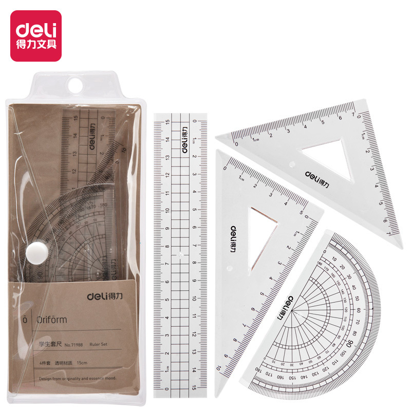 Deli Papelería 71988 conjunto de regla de estudiante regla de triángulo transportador multi-especificación traje transparente