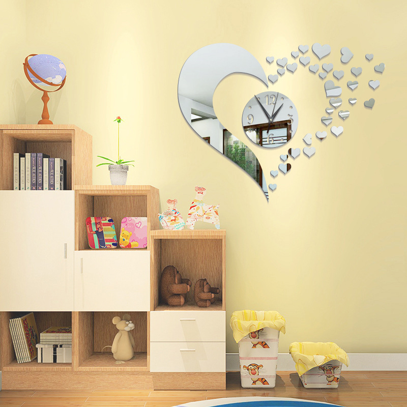 3D爱心DIY组合创意家居亚克力镜面时钟厂家直销可定作货源ZB0023