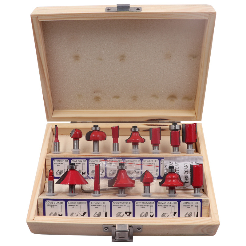12-piece 15-piece carpintería fresadora carpintería cuchillo conjunto caja de madera conjunto 1/4 mango 1/2 mango Tapa dura cuchillo de recorte