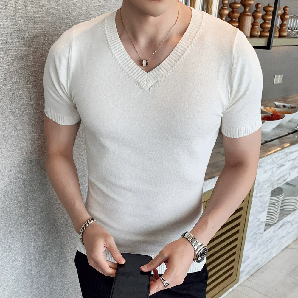 Мужской пуловер с коротким рукавом и V-образным вырезом, трикотажная футболка, Базовая рубашка, модный однотонный приталенный шерстяной топ, тонкий свитер с короткими рукавами