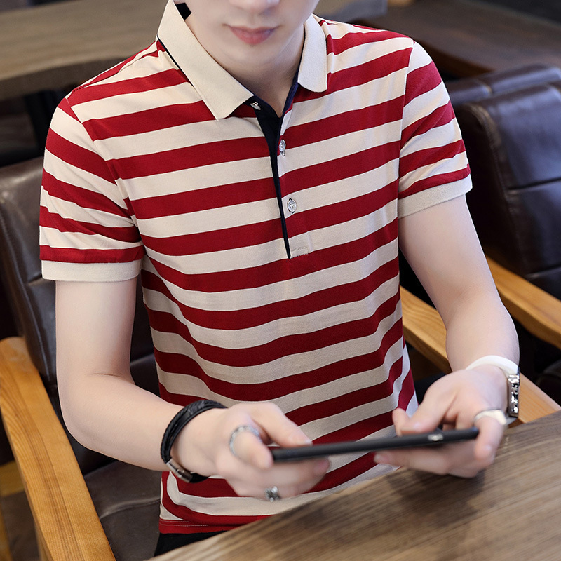 Summer New 2021 Short-sleeved T-shirt Men's Lapel Striped T-shirt Men's Korean Style Half-sleeved Shirt Collar Trendy T-shirt Summer New 2021 Short-sleeved T-shirt Men's Lapel Striped T-shirt Men's Korean Style Half-sleeved Shirt Collar Trendy T-shirt