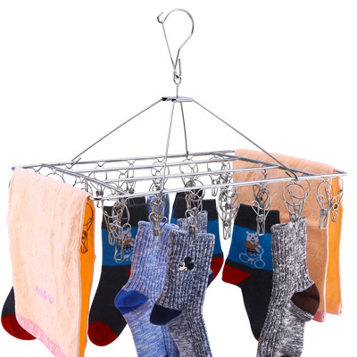 Wall-mounted stainless steel drying rack with multiple clips for drying clothes, underwear, and socks; solid and multi-functional windproof sock clips