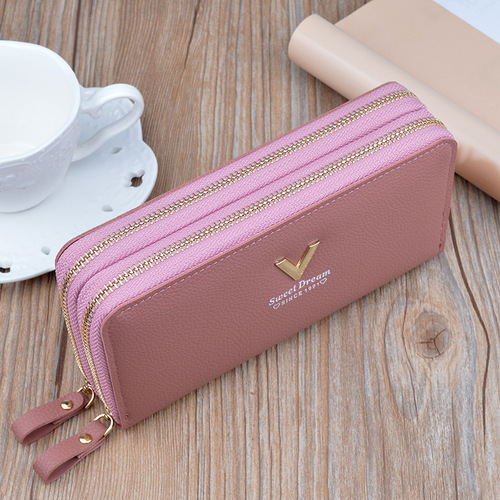 New Wallet Women's Double Zipper Long Clutch Fashionable Simple Lychee Pattern Large Capacity Double Layer Wallet Mobile Phone Bag