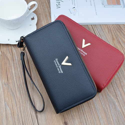 New Wallet Women's Double Zipper Long Clutch Fashionable Simple Lychee Pattern Large Capacity Double Layer Wallet Mobile Phone Bag