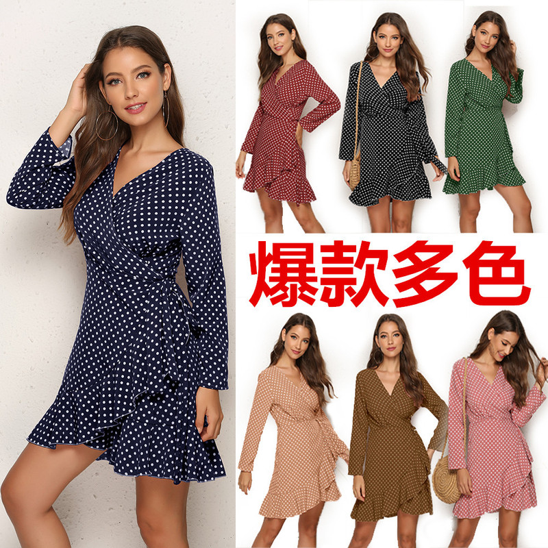 Cross-border 2023 Amazon Wish explosions sexy wave point ruffled irregular autumn dress