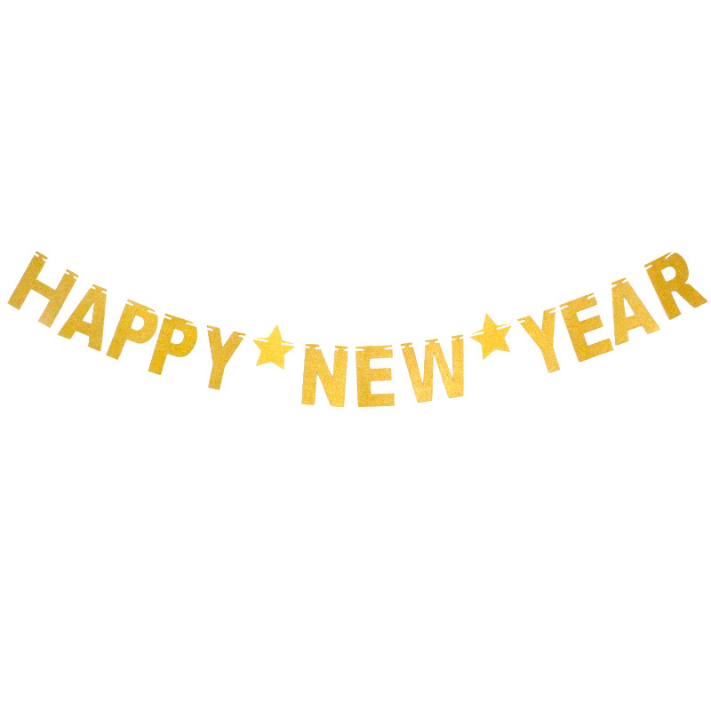 Año Nuevo decoración guirnalda Feliz Año Nuevo carta brillo Navidad estrella de cinco puntas Bandera de oro pull bandera al por mayor