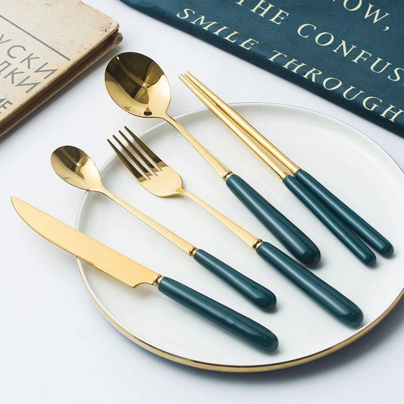 Ceramic handle, fork, green tableware stainless steel, (Cross-border trading)