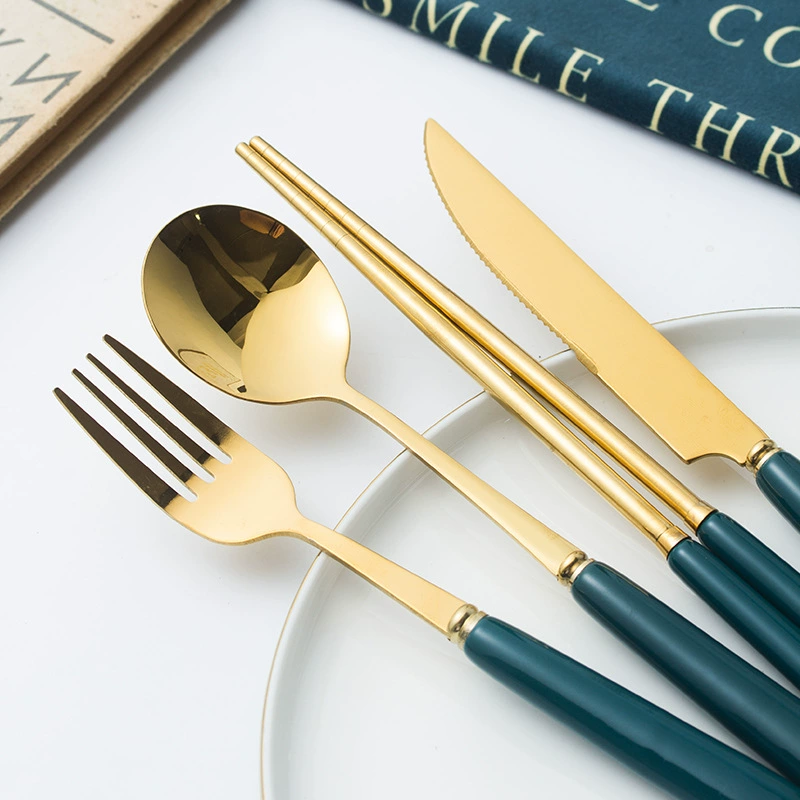 Ceramic handle, fork, green tableware stainless steel, (Cross-border trading)