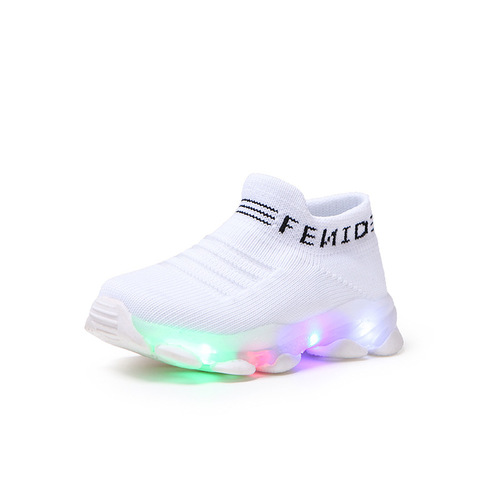 Cross-border boys and girls shoes, LED light shoes, light-up shoes, fly-knit sports shoes, over-the-foot shoes, luminous fishnet socks, shoes