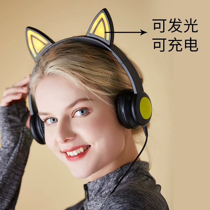 Светящиеся LED «кошачьи ушки» на голове с проводными наушниками, вилка, новый хит продаж