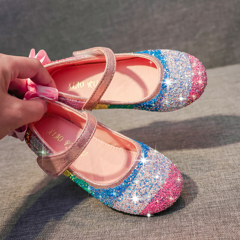 2024 spring new girls soft bottom leather shoes rainbow sequins dress princess shoes flat plus size beanie children's shoes
