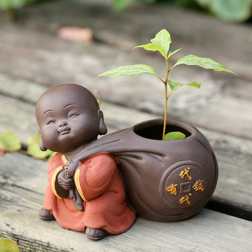 Can grow hydroponic flower arrangement boutique, cute purple clay little monk tea pet ornaments creative tea set decoration mini flower vase