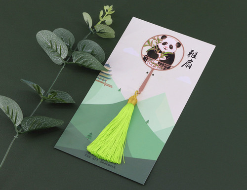 Charming Panda with Flowing Tassels, Chinese Style Peach Blossom Panda Art Fan Surface, Elegant Gift, Fresh Metal Bookmark
