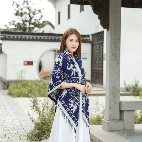 Autumn and Winter Lijiang Ethnic Style Tassel Shawl Jacquard Large Square Scarf Travel Warm Dual-Use Scarf for Women Imitation Cashmere Shoulder Wrap
