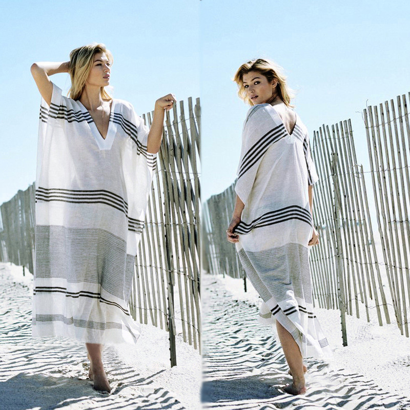 New Cotton Striped V-Neck Loose Long Bikini Cover-Up Beach Sun Protection Dress Swimsuit Outer Cover-Up