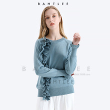 特价！春秋新款美丽奴羊毛针织衫立体装饰木耳边长袖打底衫女