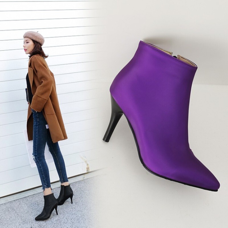 European and American Style Women's Boots, High-Heeled Fashion Pointed Toe Stiletto Short Boots, Women's Boots with Side Zipper, Sizes 30-48