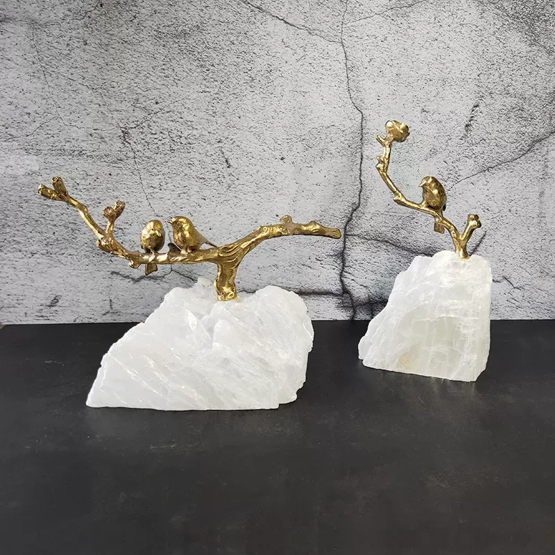 轻奢新中式鸟喜上眉梢天然晶石装饰品客厅桌面玄关铜树家居摆件