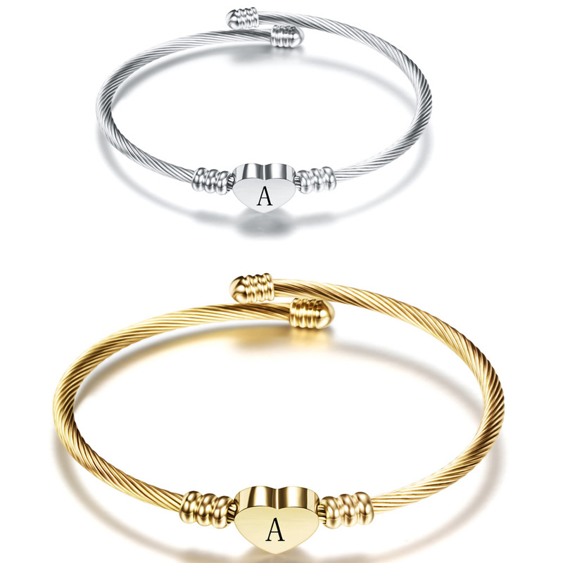 26-Letter Stainless Steel Bracelet Simple Personality Titanium Steel Heart Letter Bracelet Open-Ended Women's Versatile Heart Bracelet