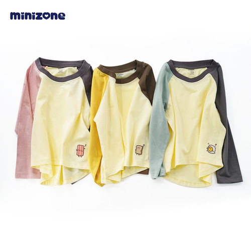 minizone autumn clothing children's early spring new contrast raglan long-sleeved T-shirts for older children casual round neck tops trendy