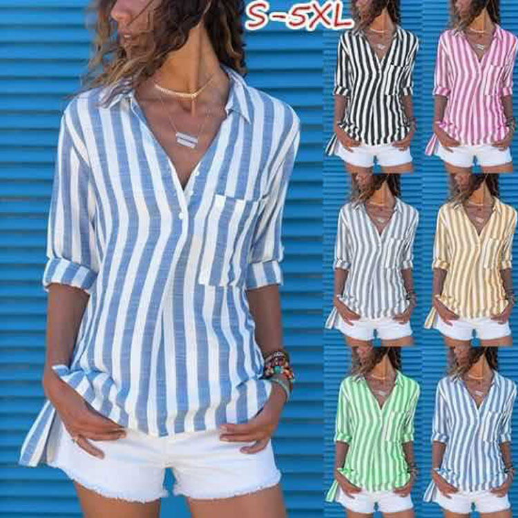 2025 European and American New Style Amazon Cross-Border Supply Ebay Style Autumn and Summer Striped Long-Sleeved Casual Shirt for Women