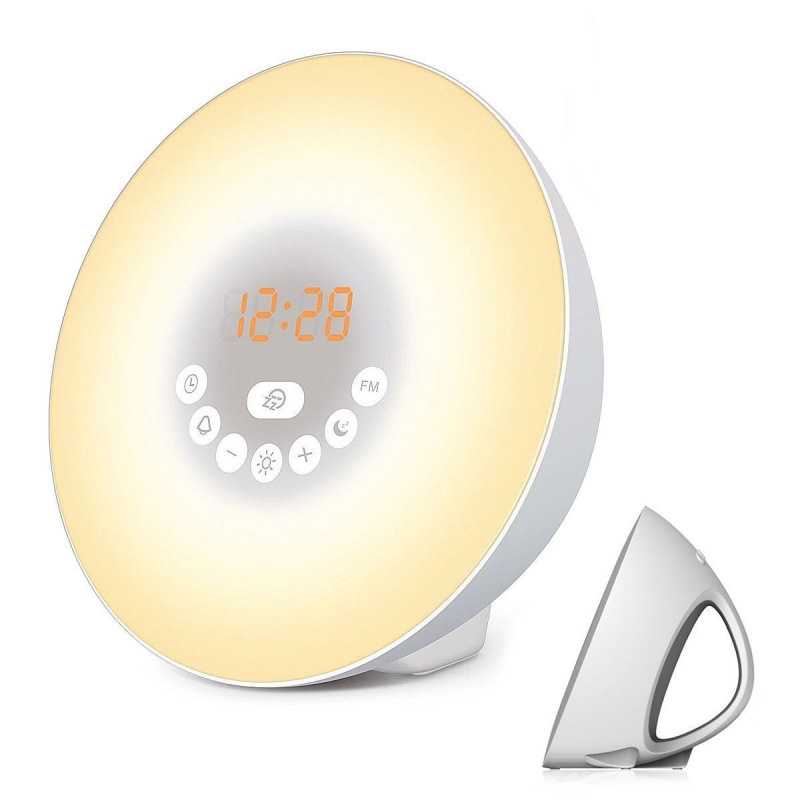 Despertador con simulación de amanecer y atardecer, luz LED de ambiente colorida que cambia, luz nocturna para dormir junto a la cama, radio FM image 7