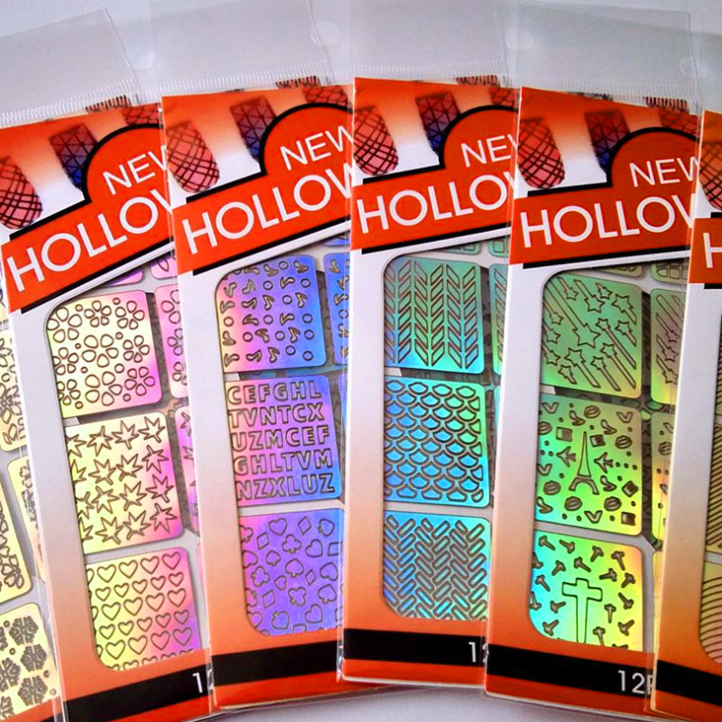 Colorido láser hueco pegatinas de uñas plantilla de impresión de uñas plantilla grande pintada de impresión transfronteriza exclusiva para la venta al por mayor