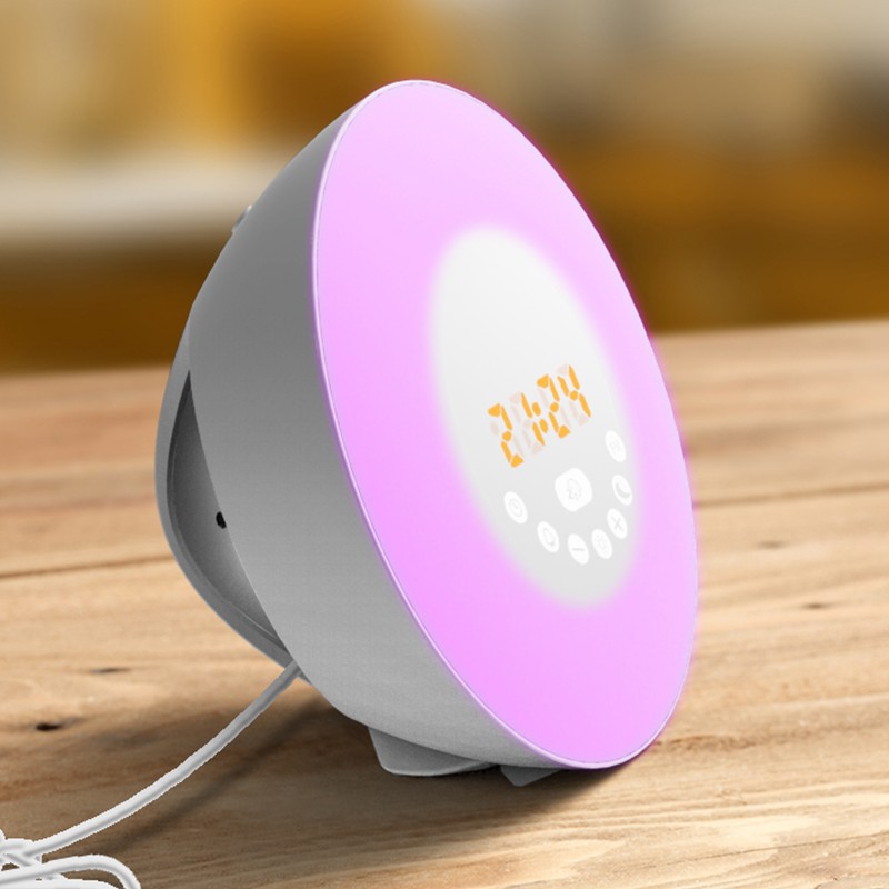 Despertador con simulación de amanecer y atardecer, luz LED de ambiente colorida que cambia, luz nocturna para dormir junto a la cama, radio FM image 5