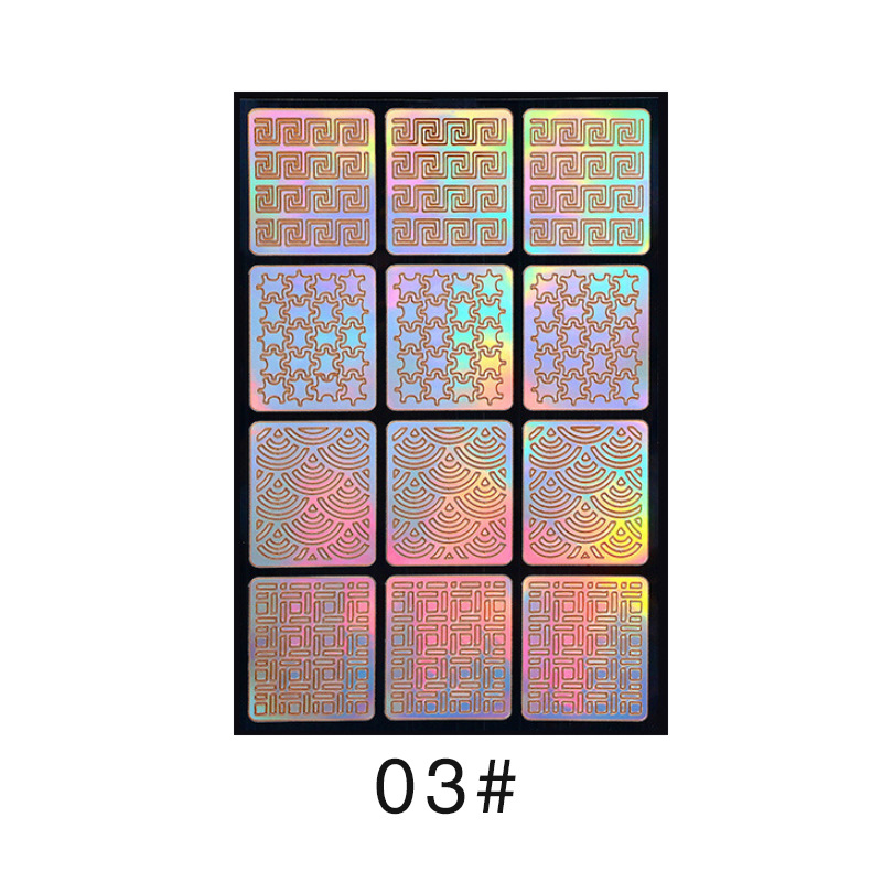 Colorido láser hueco pegatinas de uñas plantilla de impresión de uñas plantilla grande pintada de impresión transfronteriza exclusiva para la venta al por mayor