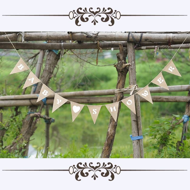 工艺装饰麻布旗 派对拉旗 三角旗 BABA SHOWER 麻布吊旗   燕尾旗