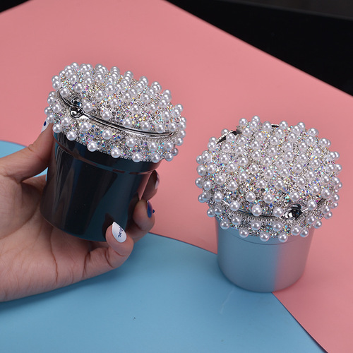 Cross-border car ashtray for girls, creative diamond-encrusted car interior accessories, pearl ashtray, LED lighting