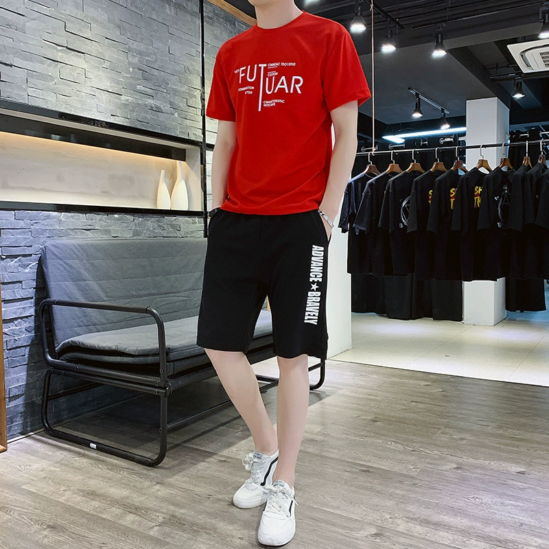 Повседневный костюм мужской 2019 новый летний мужской костюм с круглым вырезом с коротким рукавом