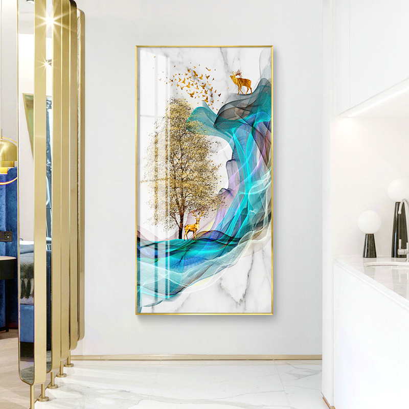 New Chinese style Nordic entrance decorative painting vertical aisle corridor landscape fortune feng shui mural living room hanging painting
