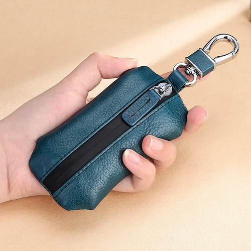 Natural Fracture Top Grain Leather Car Key Case Genuine Remote Control Protector Waterproof Zipper Fashion Key Case 