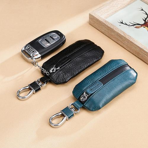 Natural Fracture Top Grain Leather Car Key Case Genuine Remote Control Protector Waterproof Zipper Fashion Key Case 
