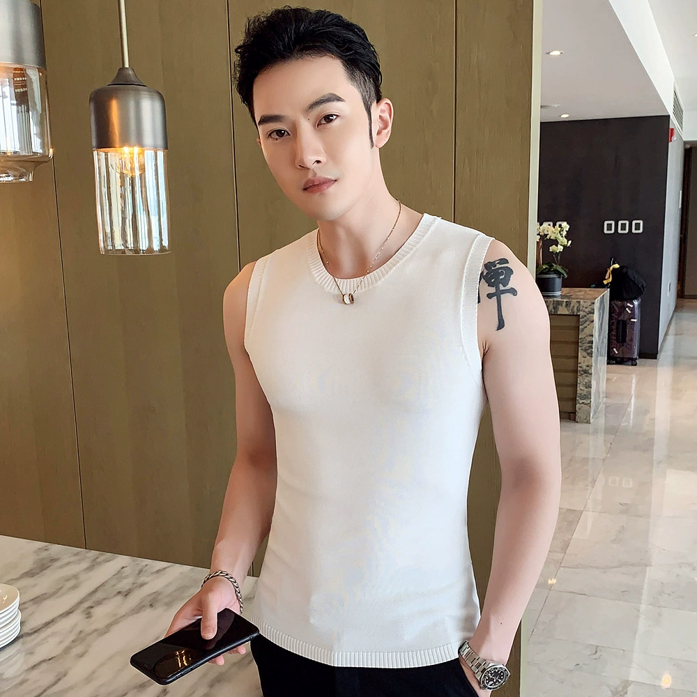 Новая внутренняя Базовая рубашка, однотонный вязаный жилет, Мужская облегающая футболка без рукавов с круглым вырезом, свитер, пуловер, топ, модный