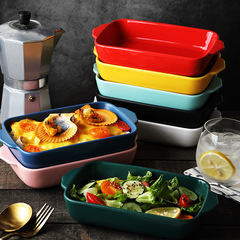 Creative ceramic double-ear plate for color glaze cheese baked rice, household ceramic plate, baking plate, Western-style plate, oven plate, dish plate