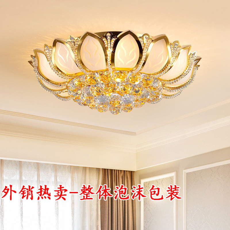 Cross-Border European-Style Round Golden Lotus Crystal Ceiling Lamp, Elegant Living Room Lamp, Led Bedroom Hall Lighting Fixtures Cross-Border European-Style Round Golden Lotus Crystal Ceiling Lamp, Elegant Living Room Lamp, Led Bedroom Hall Lighting Fixtures