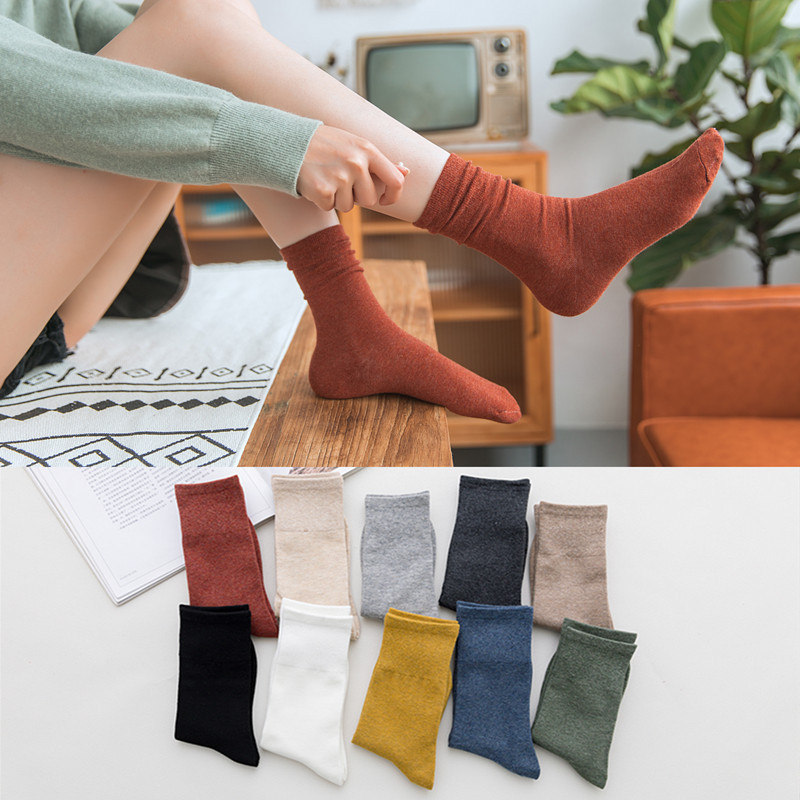 Four-Season Women's Socks, Women's Stacked Mid-Calf Socks, All-Cotton Linen Color Scheme, Vintage Solid Color Short Socks, Versatile and Practical for All Seasons