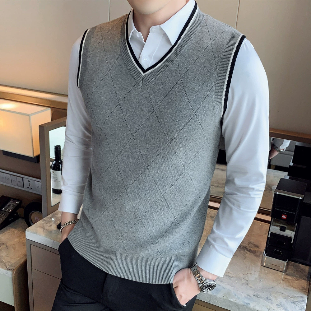 Свитер без рукавов в британском стиле, мужской шерстяной жилет, жилет с V-образным вырезом, Молодежный осенне-зимний свитер, жилет, мужской модный жилет
