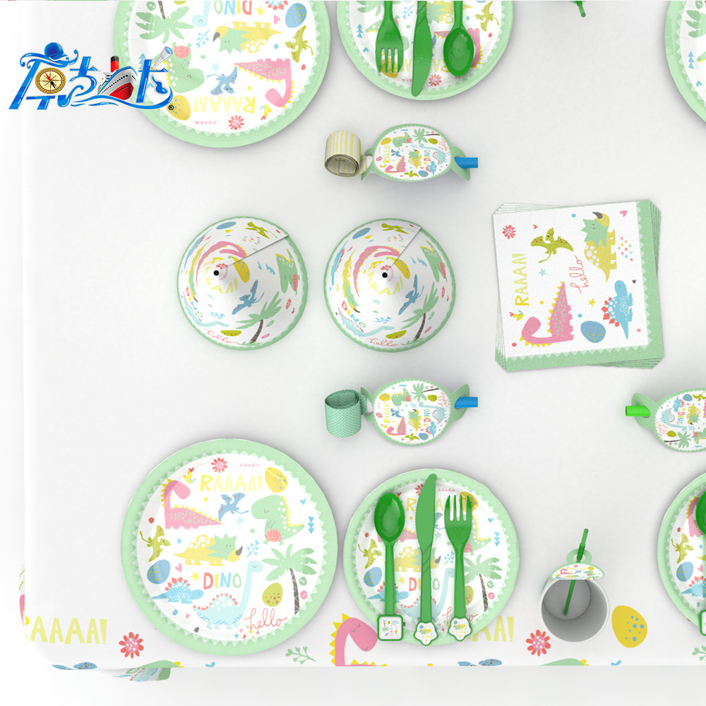 Kuangjing nueva venta caliente pequeño dinosaurio de la fiesta cumpleaños los niños dinosaurios decoración atmósfera suministros mantel placa fabricante