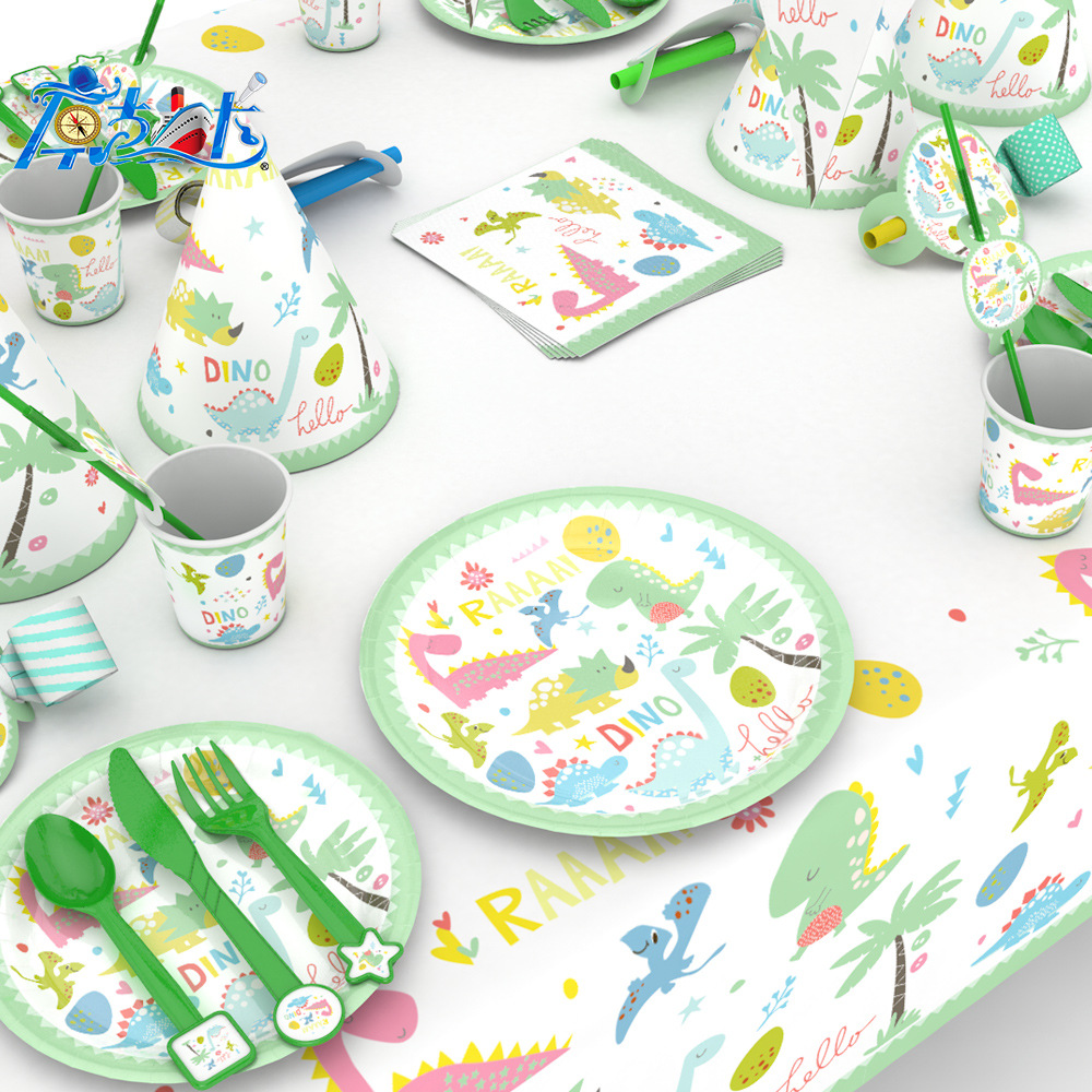 Kuangjing nueva venta caliente pequeño dinosaurio de la fiesta cumpleaños los niños dinosaurios decoración atmósfera suministros mantel placa fabricante