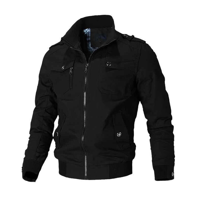 Autumn and Winter Herringbone Pattern In-Stock Casual Young Men's Black Cotton Side-Seam Pocket Fitted Regular Zipper Jacket Versatile
