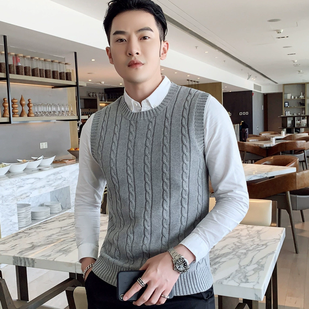 Осенне-Зимний вязаный жилет-свитер, мужской жилет без рукавов с круглым вырезом, приталенный утолщенный шерстяной жилет, твист, жилет больших размеров