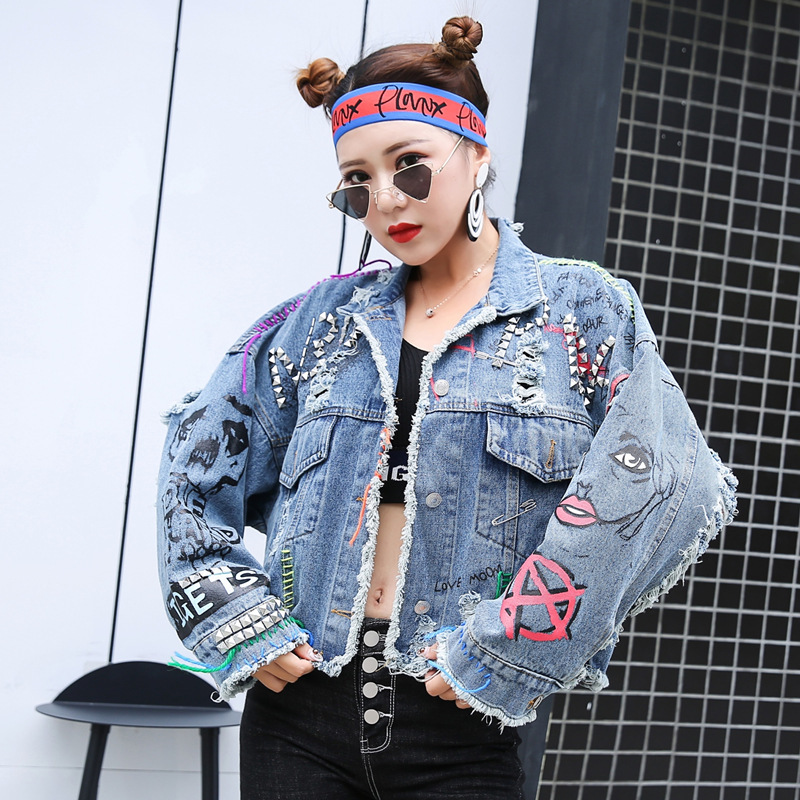 Thailand Fashion Brand Graffiti Denim Jacket Women's Distinctive Short Rouge Cut Heavy Industry Rivet Jacket Color Tassel Fashion Thailand Fashion Brand Graffiti Denim Jacket Women's Distinctive Short Rouge Cut Heavy Industry Rivet Jacket Color Tassel Fashion