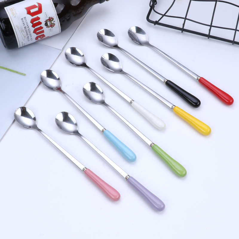 Ceramic Handle Dessert Spoon Stainless Steel For Coffee And Tea_voghion.com