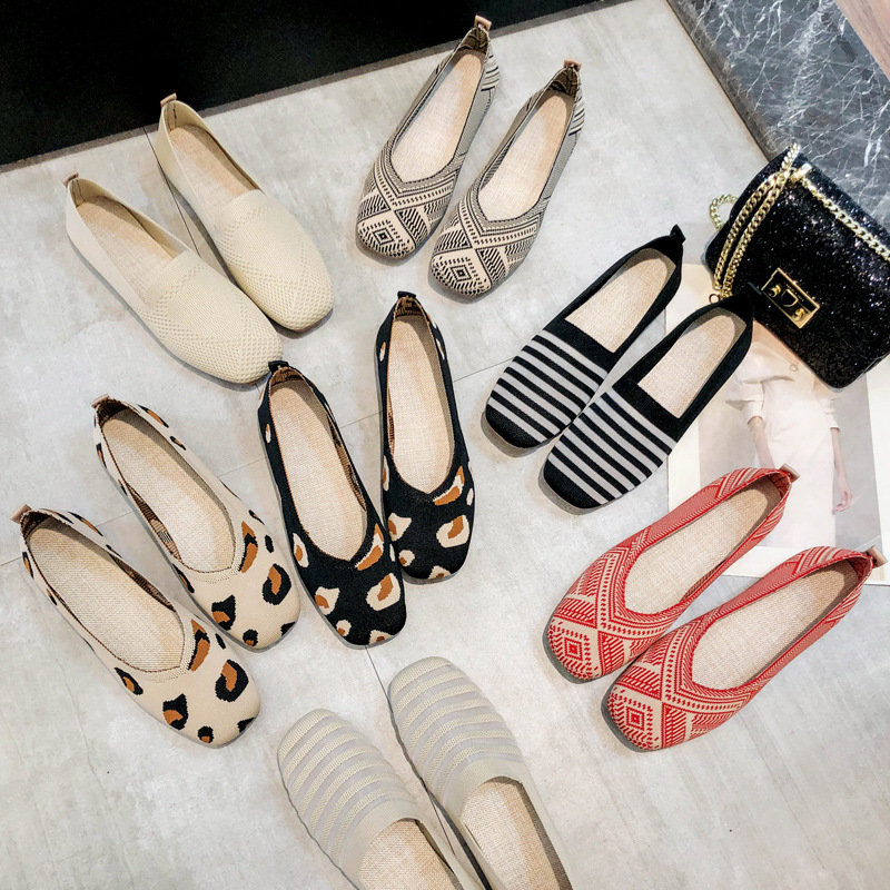 Factory Direct Supply of Knitted Soft-Soled Beanie Shoes, Fly-Knit Woven Shoes, Women's Flat Spring Breathable Shallow Mouth Single Princess Shoes