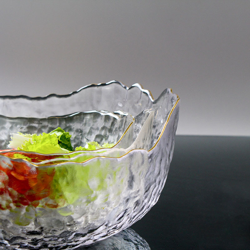 Japanese Gold-Rimmed Transparent Salad Bowl Asymmetrical Crystal Glass Vegetable and Fruit Dessert Bowl Plate Household Tableware Tea Wash